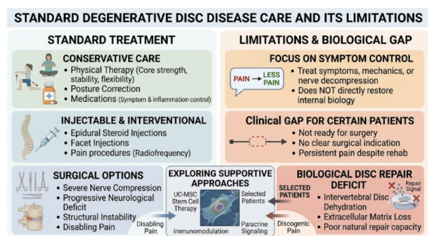 Figure 2: Standard therapeutic modalities for degenerative disc disease and their inherent biological limitations.