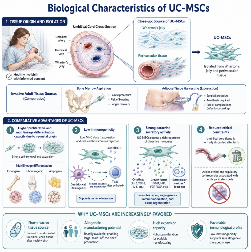 Figure 1: Biological Characteristics and Comparative Advantages of Umbilical Cord–Derived Mesenchymal Stem Cells (UC-MSCs)
