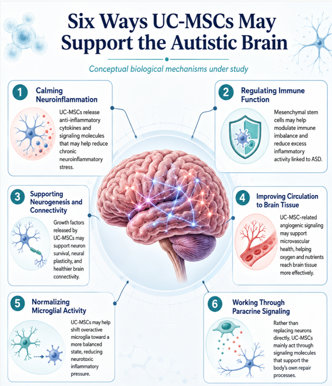 Figure 1: Conceptual overview of six biological mechanisms through which UC-MSCs may support brain function in autism research, including neuroinflammation regulation, immune modulation, neurogenesis and connectivity support, improved circulation, microglial balance, and paracrine signaling.