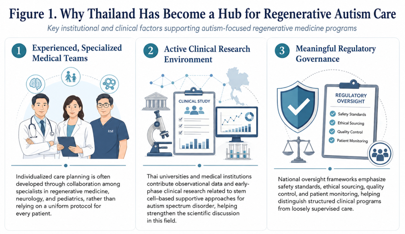 Figure 1: Thailand as an Emerging Hub for Regenerative Autism Care: Clinical Expertise, Research Activity, and Regulatory Oversight