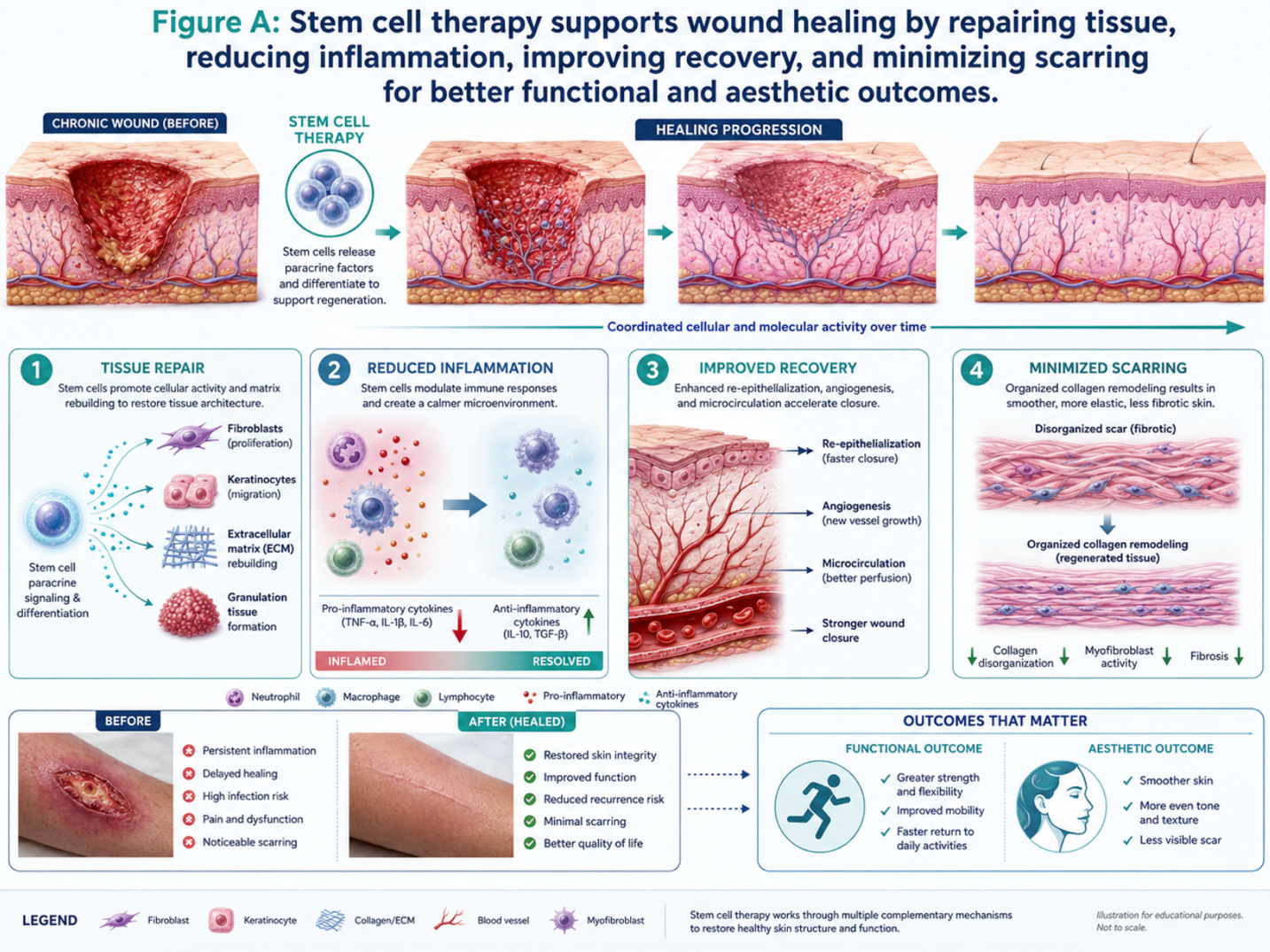 Figure A : Stem cell therapy supports wound healing by repairing tissue, reducing inflammation, improving recovery, and minimizing scarring for better functional and aesthetic outcomes.