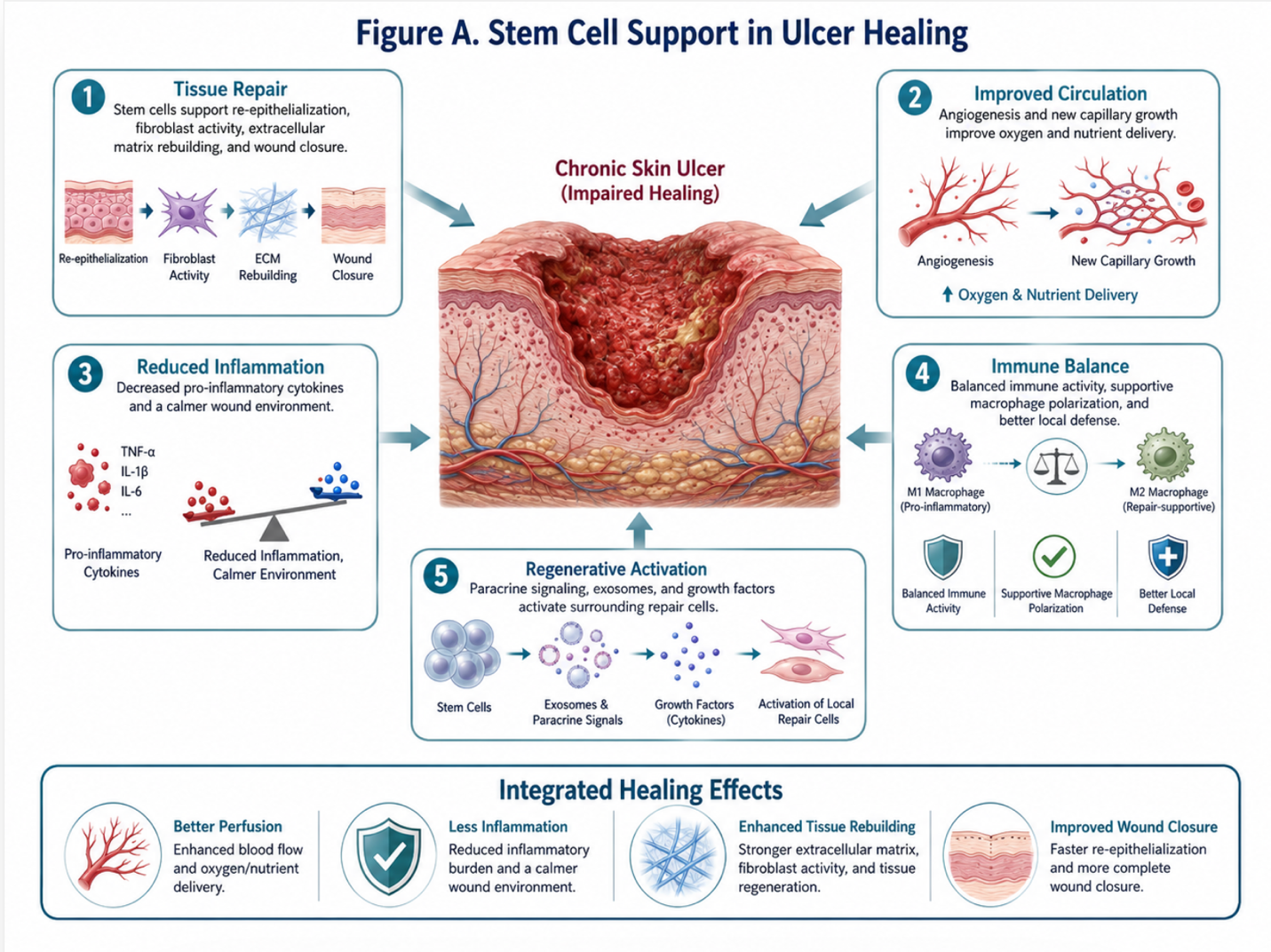 Figure A : Ulcer healing may be supported by stem cells through tissue repair, improved circulation, reduced inflammation, immune balance, and activation of regenerative processes.