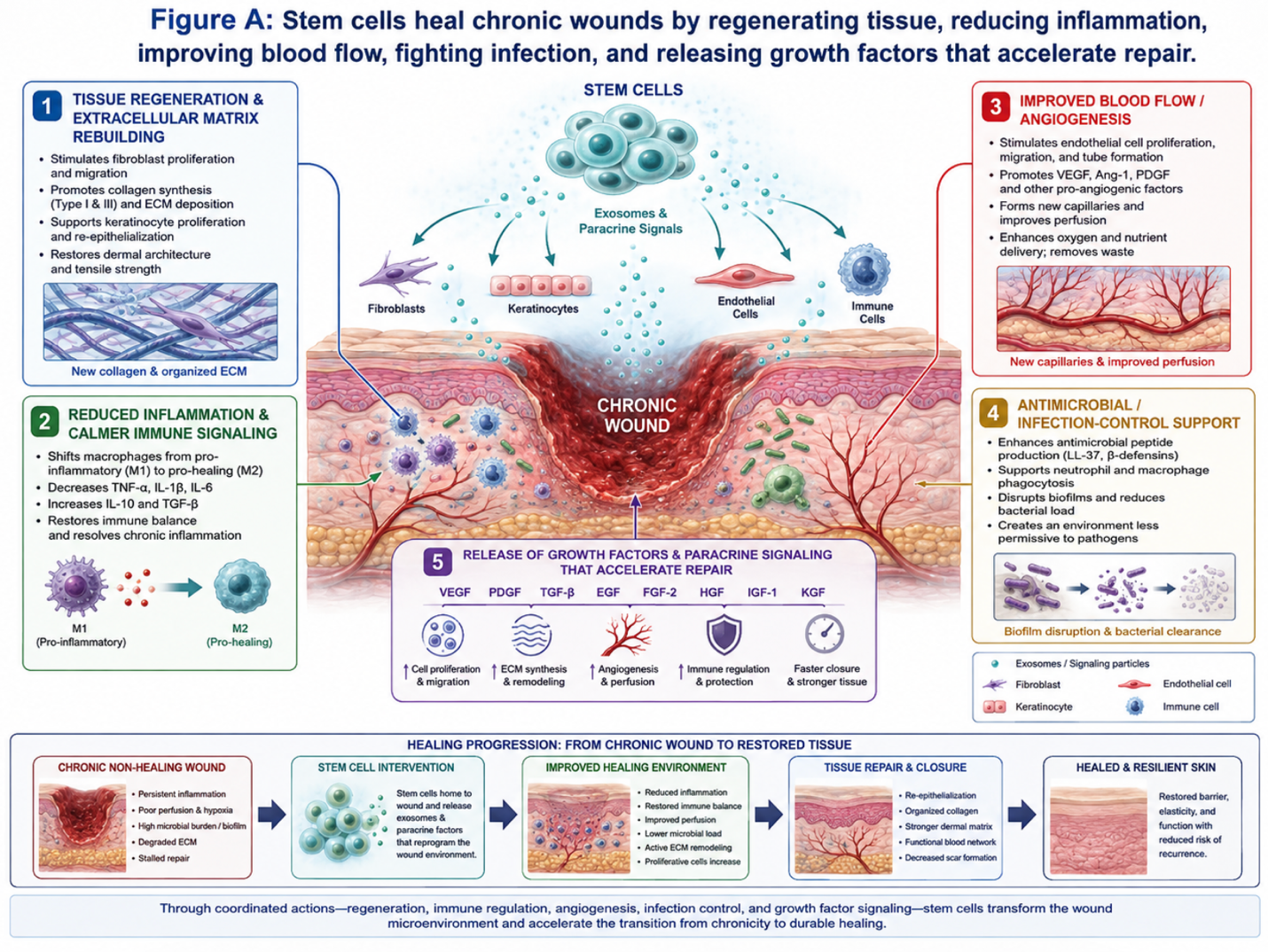 Figure A : Stem cells heal chronic wounds by regenerating tissue, reducing inflammation, improving blood flow, fighting infection, and releasing growth factors that accelerate repair.