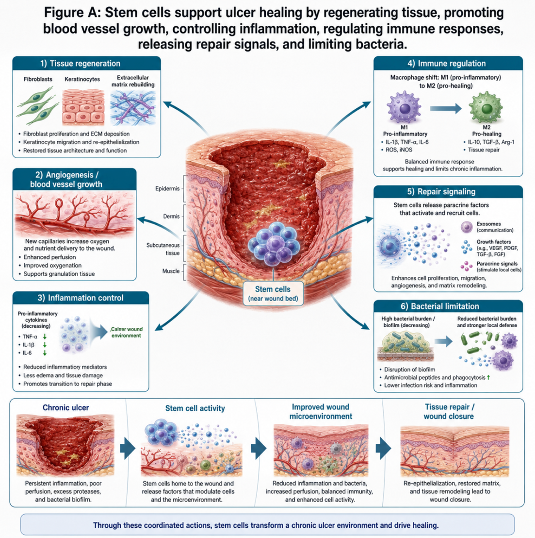 Figure A : Stem cells support ulcer healing by regenerating tissue, promoting blood vessel growth, controlling inflammation, regulating immune responses, releasing repair signals, and limiting bacteria.