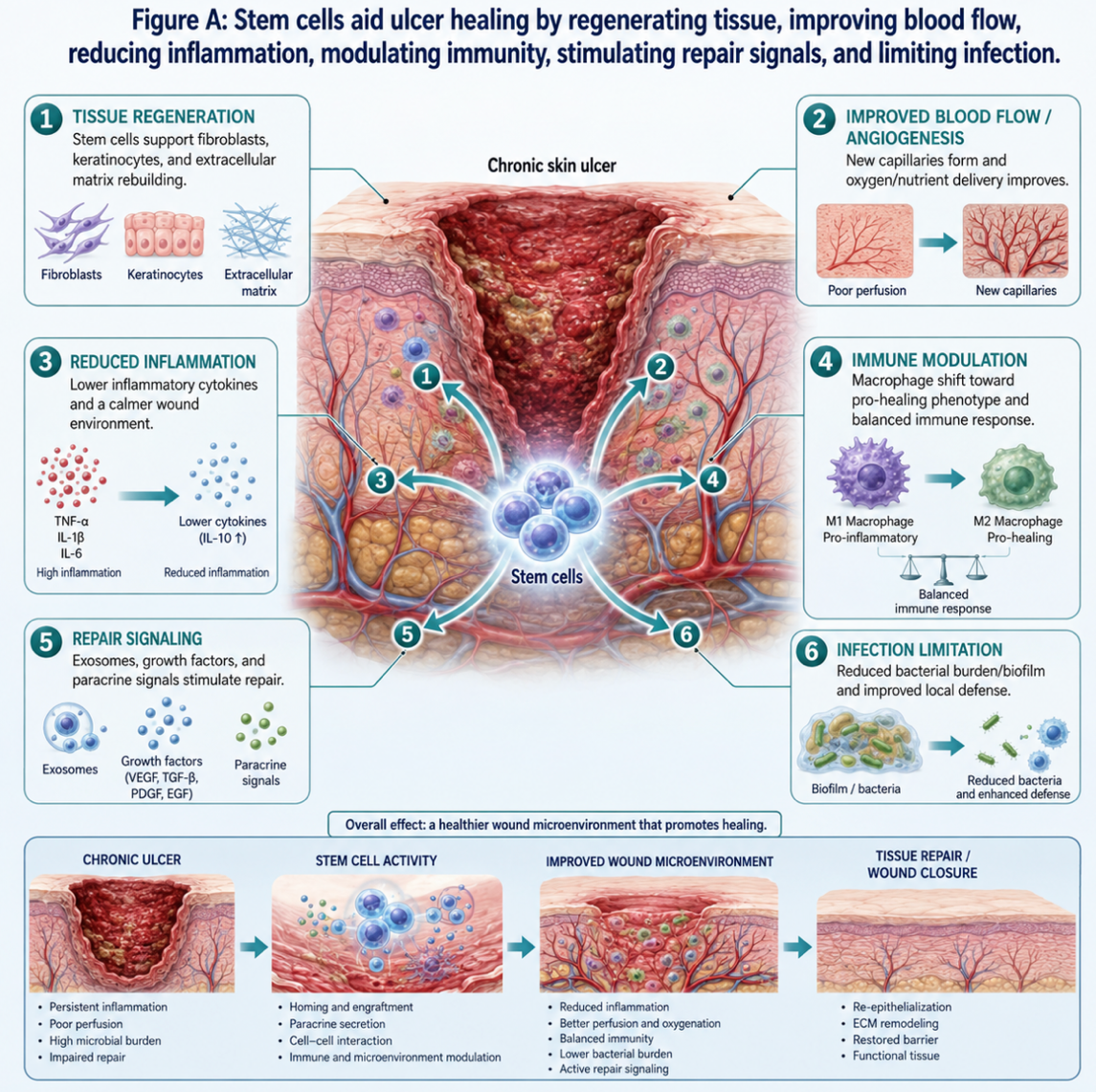 Figure A : Stem cells aid ulcer healing by regenerating tissue, improving blood flow, reducing inflammation, modulating immunity, stimulating repair signals, and limiting infection.