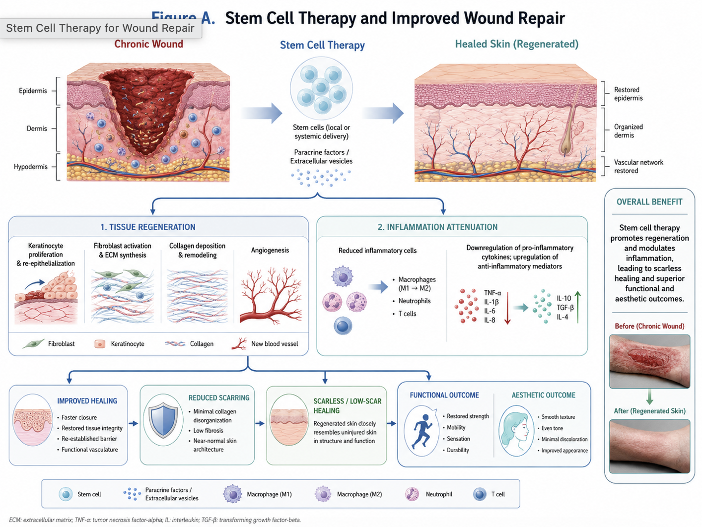 Figure A: Overall, stem cell therapy contributes to the improvement of wound repair through tissue regeneration and inflammation attenuation leading to scarless healing that translates into improved functional and esthetic outcomes.