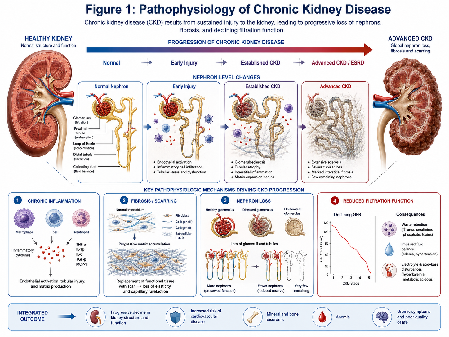 Figure 1: Pathophysiology of Chronic Kidney Disease Illustration of CKD progression, including inflammation, fibrosis, nephron loss, and reduced filtration function.