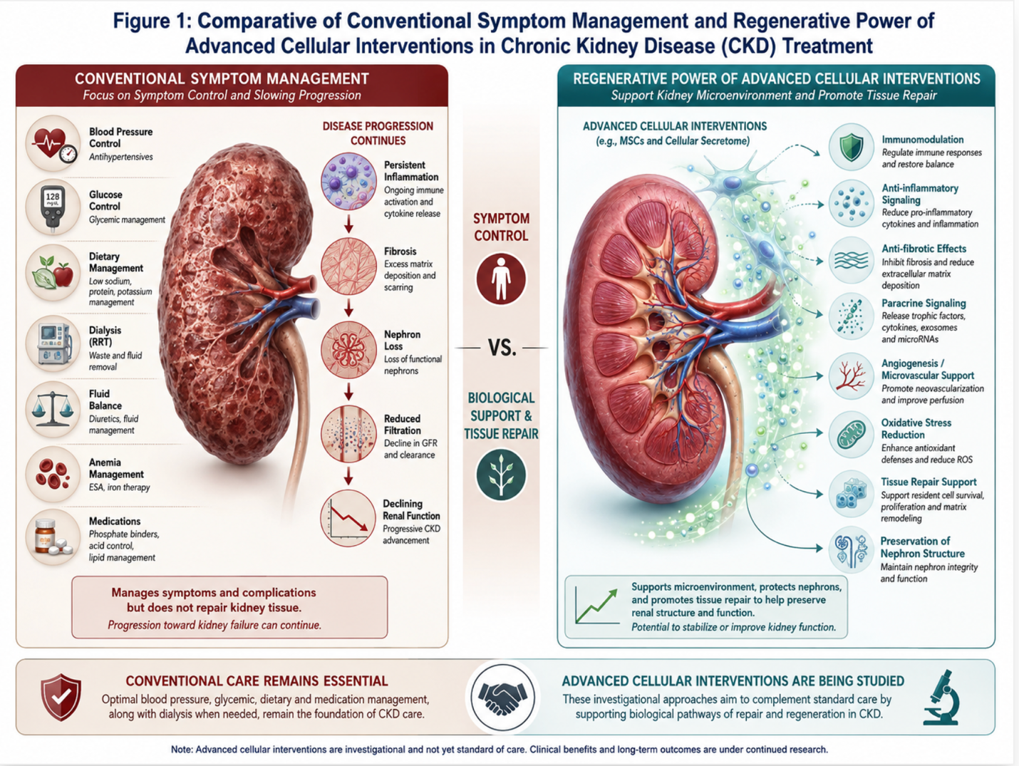 Figure 1: comparative of conventional symptom management and Regenerative Power of Advanced Cellular Interventions in Chronic Kidney Disease (CKD) treatment