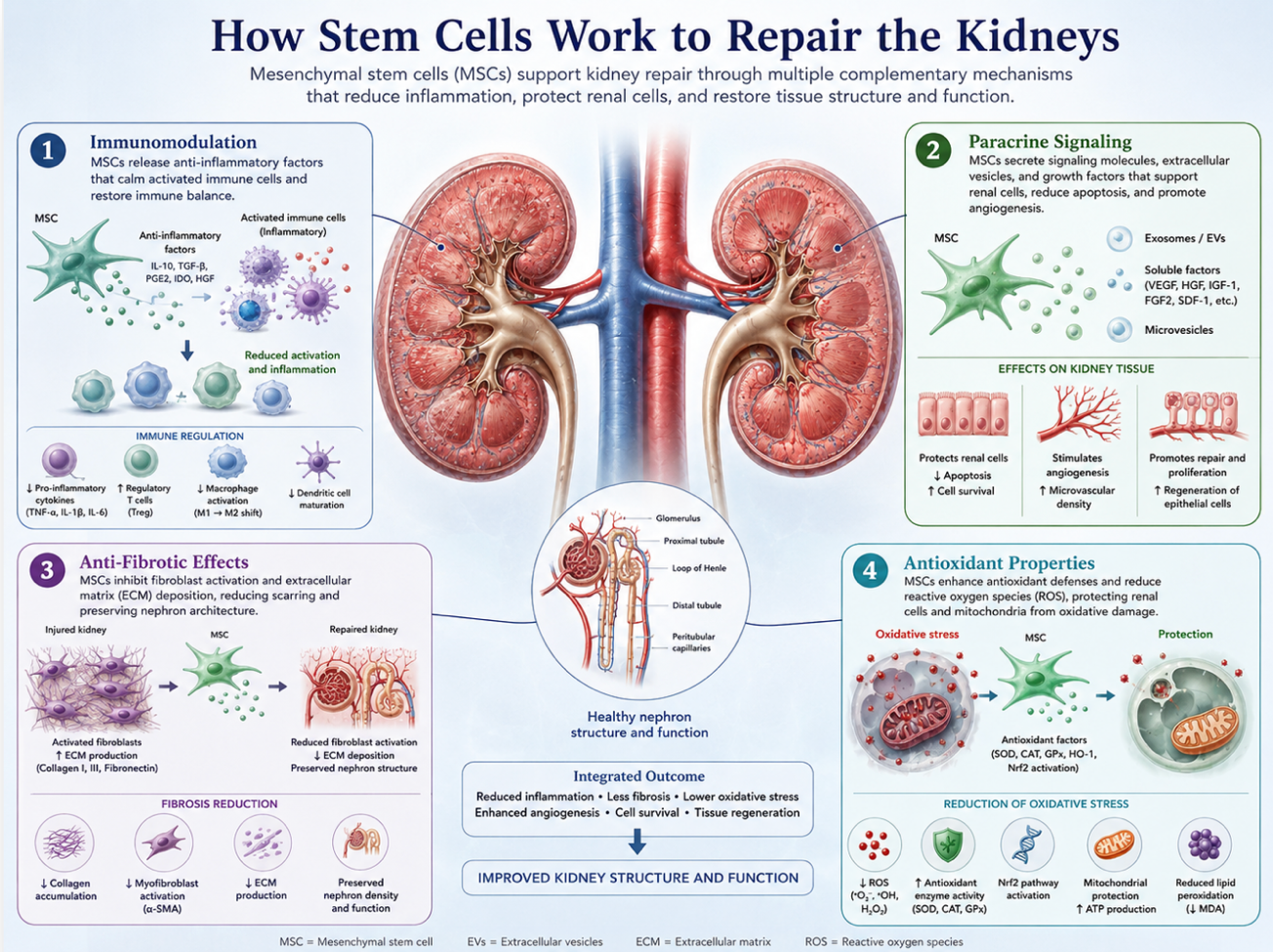 Figure A : Stem cells support ulcer healing by regenerating tissue, promoting blood vessel growth, controlling inflammation, regulating immune responses, releasing repair signals, and limiting bacteria.
