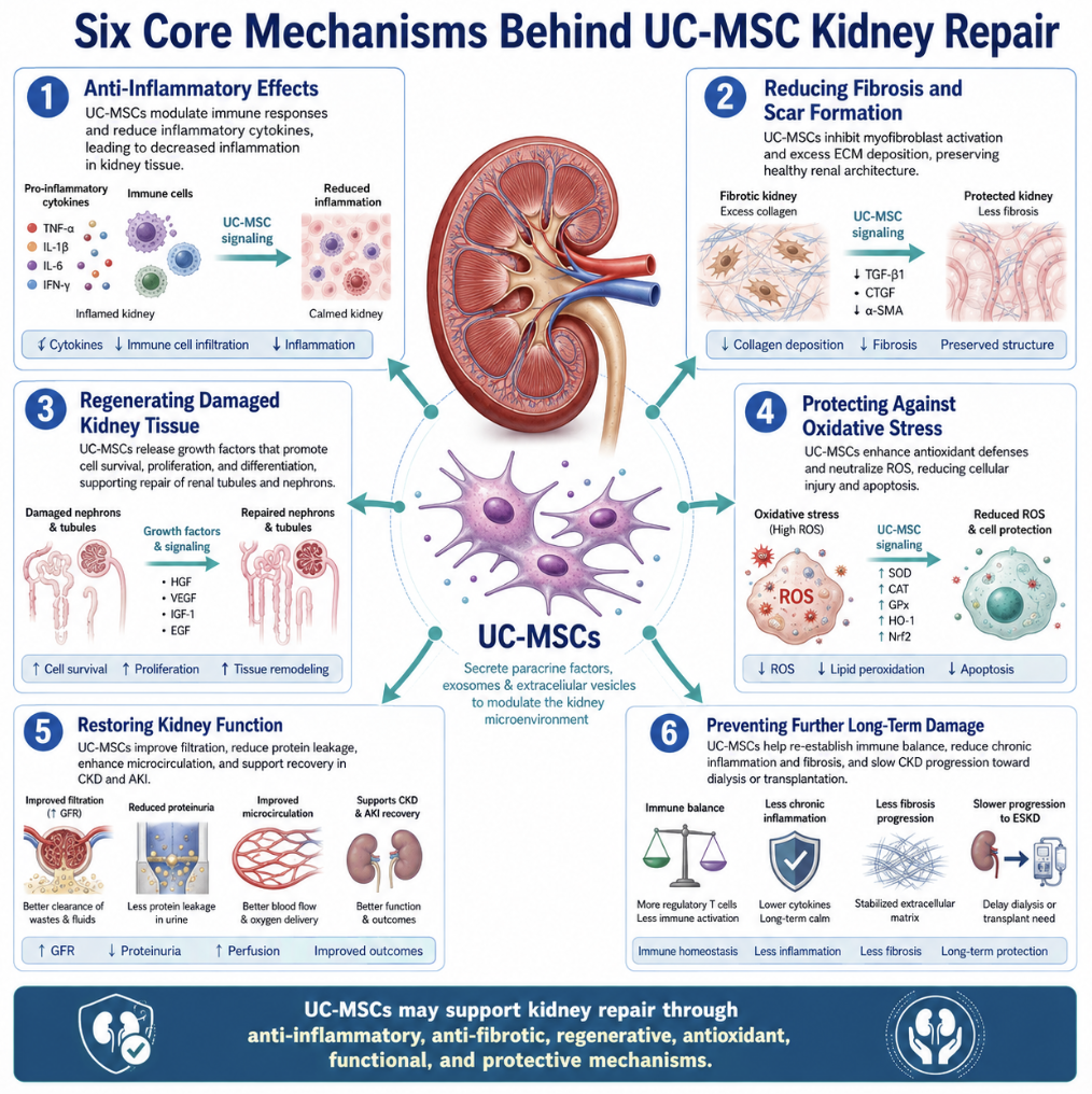 Figure A : Stem cells support ulcer healing by regenerating tissue, promoting blood vessel growth, controlling inflammation, regulating immune responses, releasing repair signals, and limiting bacteria.