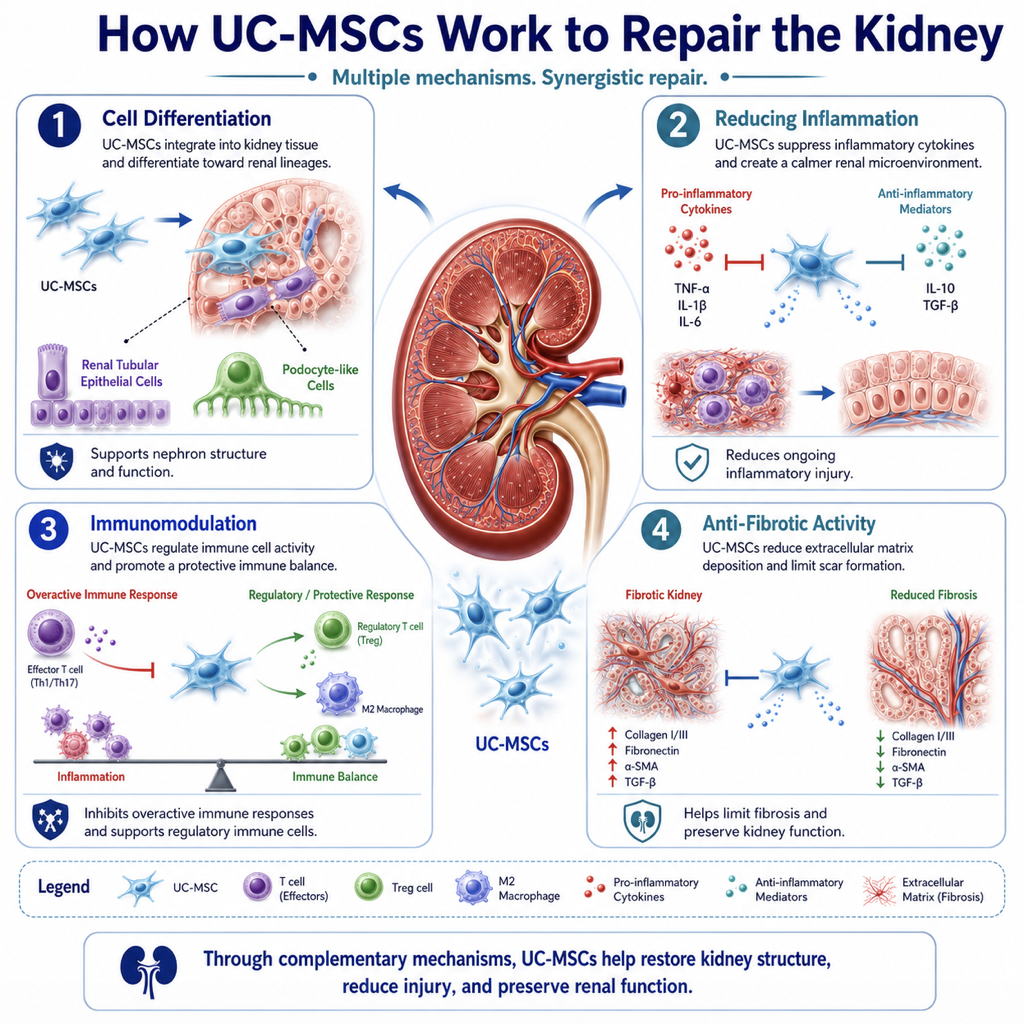 Figure A : Stem cells support ulcer healing by regenerating tissue, promoting blood vessel growth, controlling inflammation, regulating immune responses, releasing repair signals, and limiting bacteria.