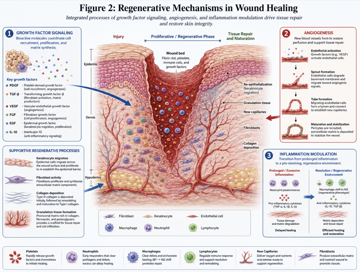 Figure 2: Regenerative Mechanisms in Wound Healing Conceptual illustration of regenerative mechanisms in wound healing, including growth factor signaling, angiogenesis, and inflammation modulation.