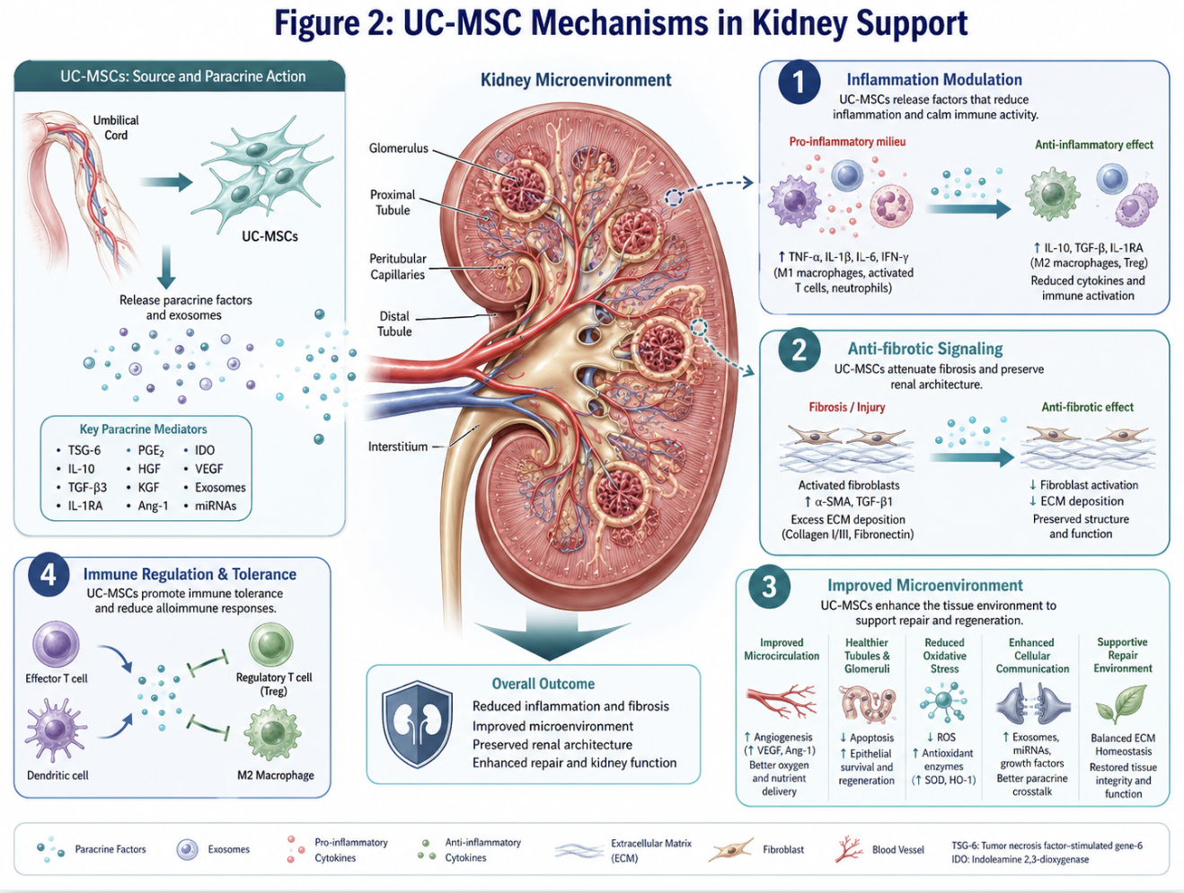 Figure 2: UC-MSC Mechanisms in Kidney SupportConceptual illustration of UC-MSC–mediated mechanisms in kidney support, including inflammation modulation, anti-fibrotic signaling, and improved microenvironment.